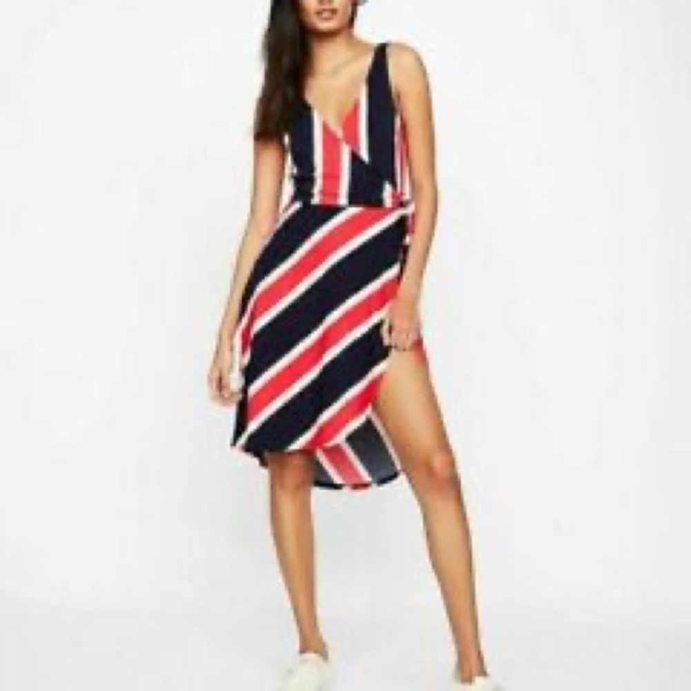 Navy, red, & white wrap dress (petite)